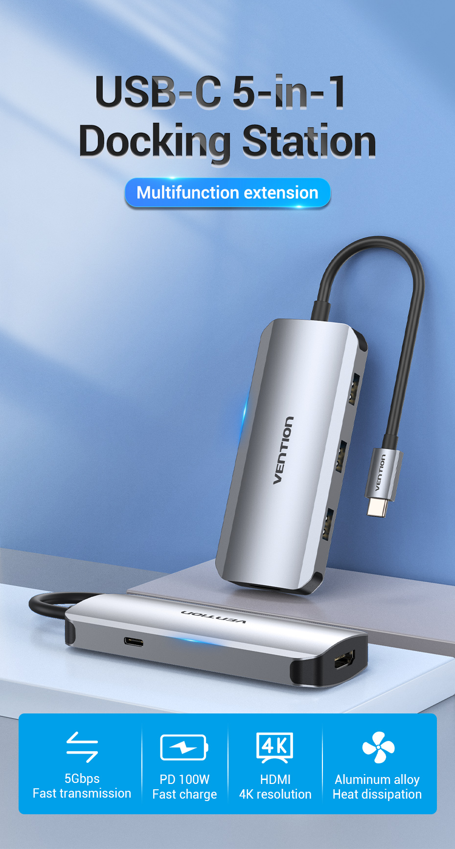 Док-станція USB3.1 Type-C -- HDMI 4K30Hz/USB3.0x3/PD 100W Hub 5-in-1 Vention (TODHB) на малюнкі №2