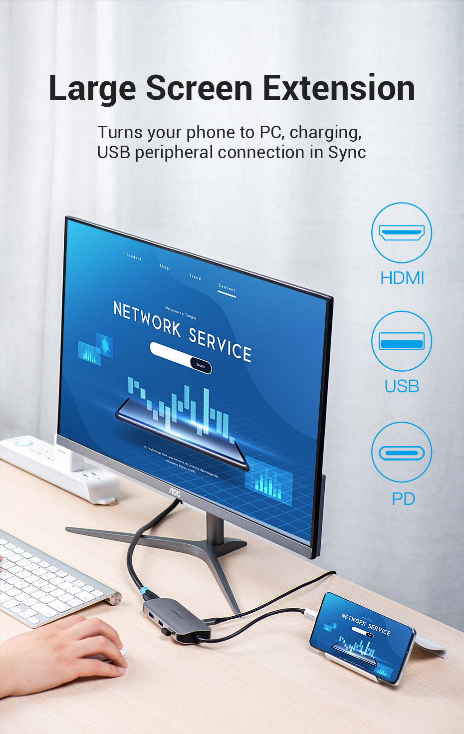 Док-станція USB3.1 Type-C -- HDMI 4K30Hz/USB3.0x3/PD 100W Hub 5-in-1 Vention (TODHB) на малюнкі №7