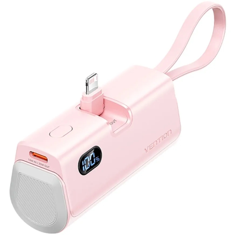 УМБ Vention 4800mAh 22,5W PD, USB-C In/Out, LED display, with built-in USB-C cable Pink (FHRP0) на малюнкі №1