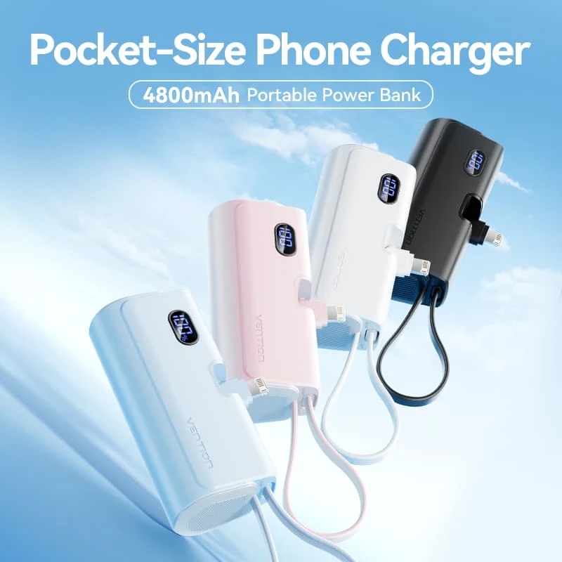УМБ Vention 4800mAh 22,5W PD, USB-C In/Out, LED display, with built-in USB-C cable Pink (FHRP0) на малюнкі №2