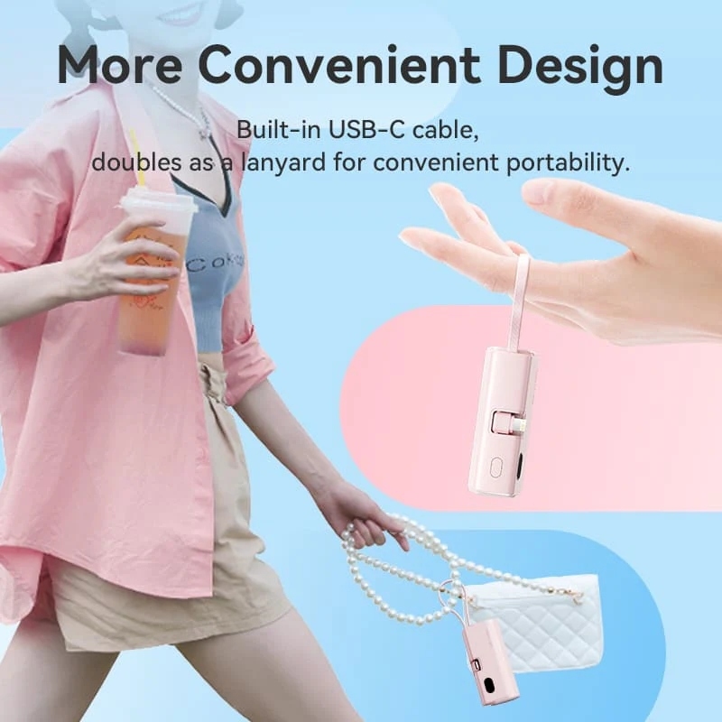 УМБ Vention 4800mAh 22,5W PD, USB-C In/Out, LED display, with built-in USB-C cable Pink (FHRP0) на малюнкі №5
