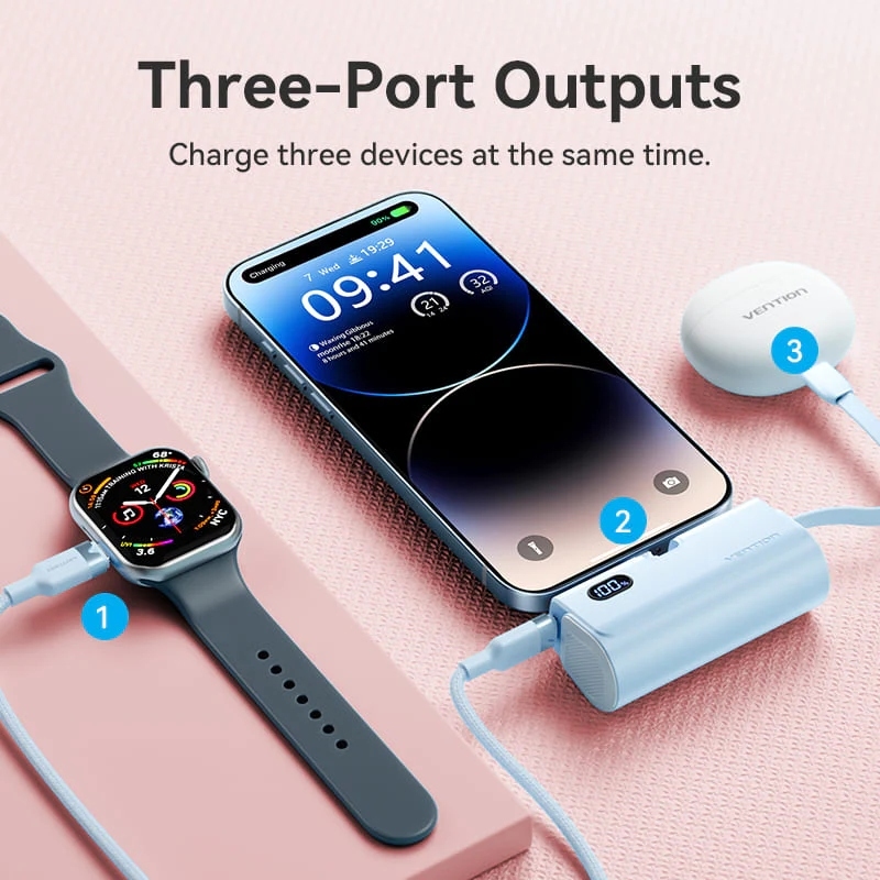 УМБ Vention 4800mAh 22,5W PD, USB-C In/Out, LED display, with built-in USB-C cable Pink (FHRP0) на малюнкі №6