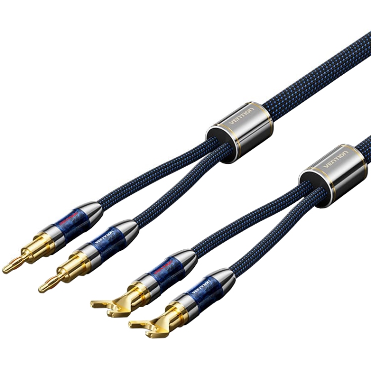 HiFi Audio Speaker Cable 5.0м,Banana-Spade 2xM/M,4N OFC Silver, Gold-Plated,TPE + обплетення,Vention (BLCLJ) Синій на малюнкі №1