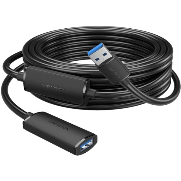 Кабель продовжувач USB 3.0 AM/AF 10.0м, активний, 2 підсилювачі, дод. живлення USB-C, чорний,Vention (CBMBL) Чорний на малюнкі №1