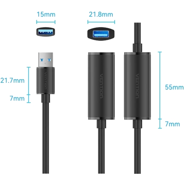 Кабель продовжувач USB 3.0 AM/AF 10.0м, активний, 2 підсилювачі, дод. живлення USB-C, чорний,Vention (CBMBL) Чорний на малюнкі №2