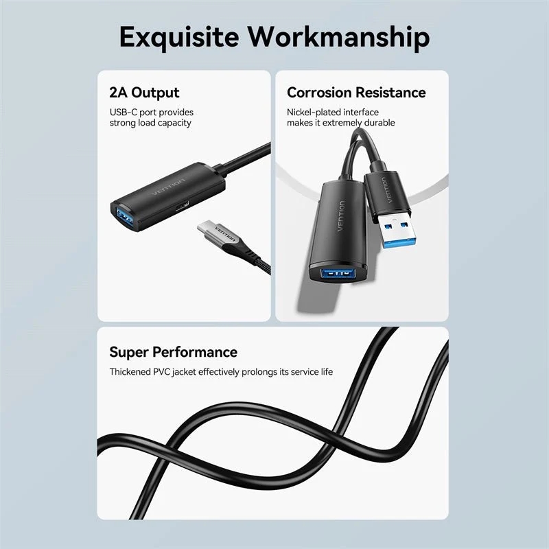 Кабель продовжувач USB 3.0 AM/AF 10.0м, активний, 2 підсилювачі, дод. живлення USB-C, чорний,Vention (CBMBL) Чорний на малюнкі №4