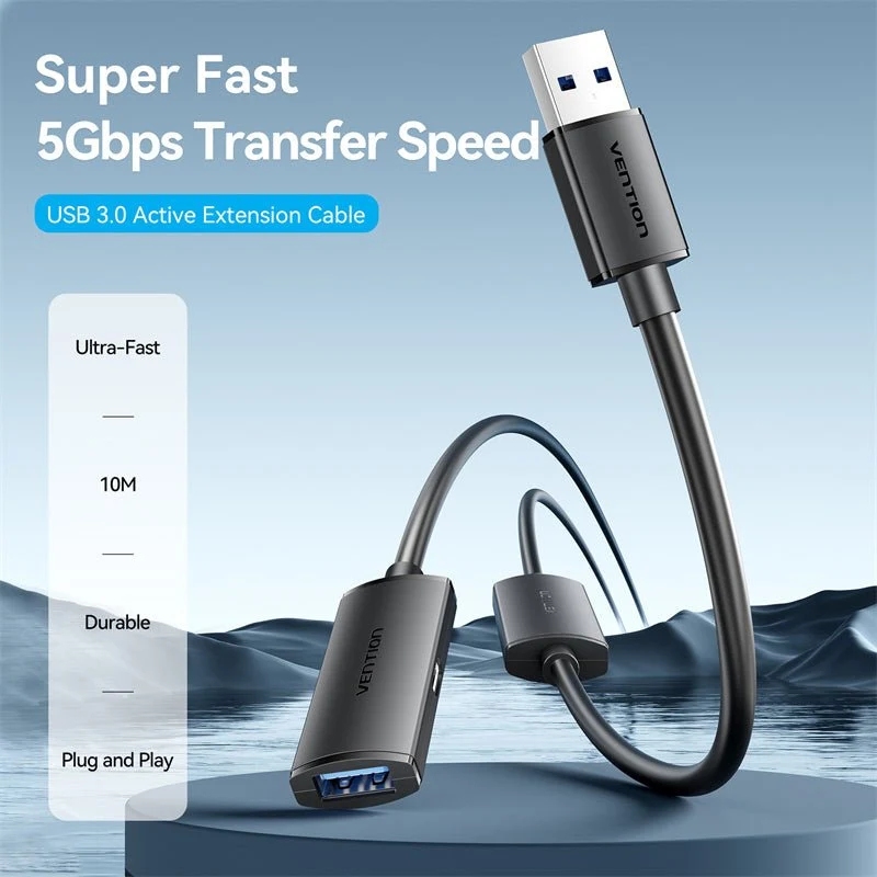 Кабель продовжувач USB 3.0 AM/AF 10.0м, активний, 2 підсилювачі, дод. живлення USB-C, чорний,Vention (CBMBL) Чорний на малюнкі №6
