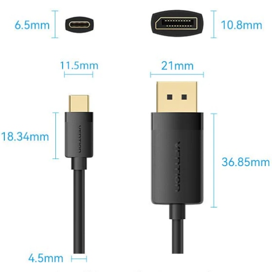 Кабель USB 3.1 Type-C M - DisplayPort M, 2.0м, v.1.2, 4K60Hz, Aluminum Alloy чорний Vention (CRJBH) на малюнкі №2