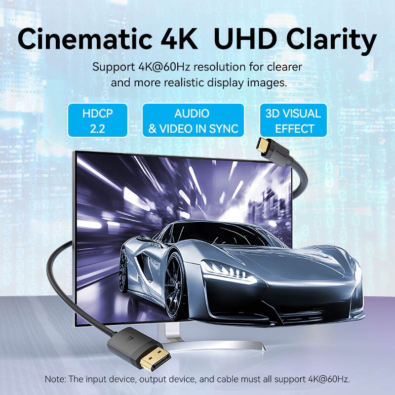 Кабель USB 3.1 Type-C M - DisplayPort M, 2.0м, v.1.2, 4K60Hz, Aluminum Alloy чорний Vention (CRJBH) на малюнкі №5