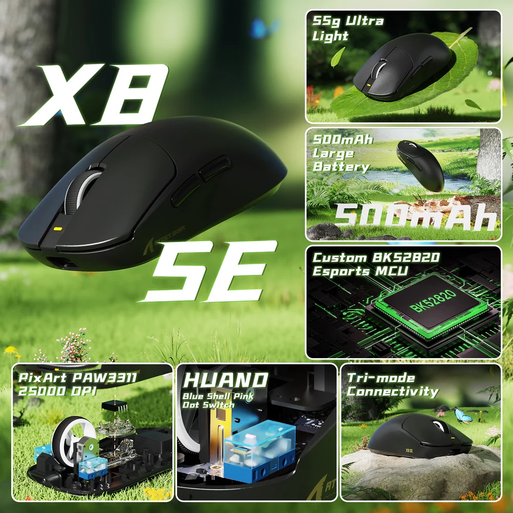 Мишка Attack Shark X8 SE, Wireless/Bluetooth, 25000dpi. (PAW3311), 6кн, Black (X8SEB_AS) Чорний на малюнкі №4