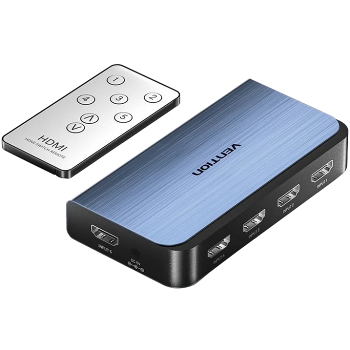 Перемикач HDMI V2.0, 4K 60Гц 1x5 ports, з пультом ДК, голубий, Vention (AKCL0) Синій на малюнкі №1