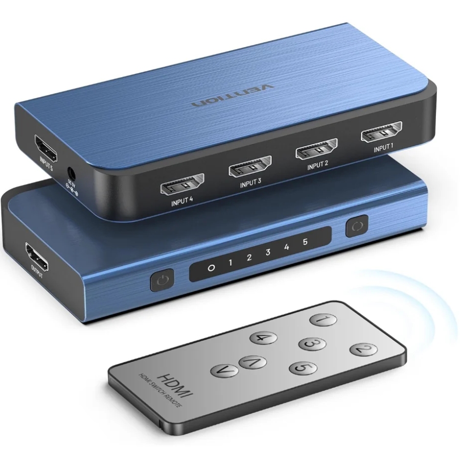 Перемикач HDMI V2.0, 4K 60Гц 1x5 ports, з пультом ДК, голубий, Vention (AKCL0) Синій на малюнкі №2