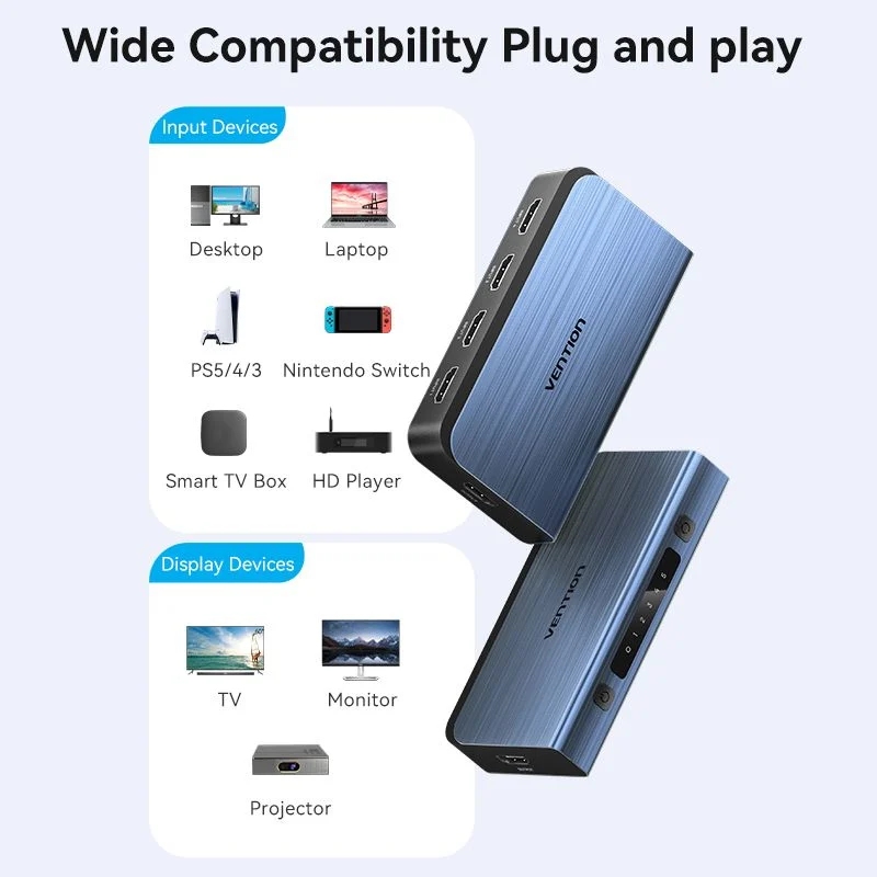 Перемикач HDMI V2.0, 4K 60Гц 1x5 ports, з пультом ДК, голубий, Vention (AKCL0) Синій на малюнкі №4
