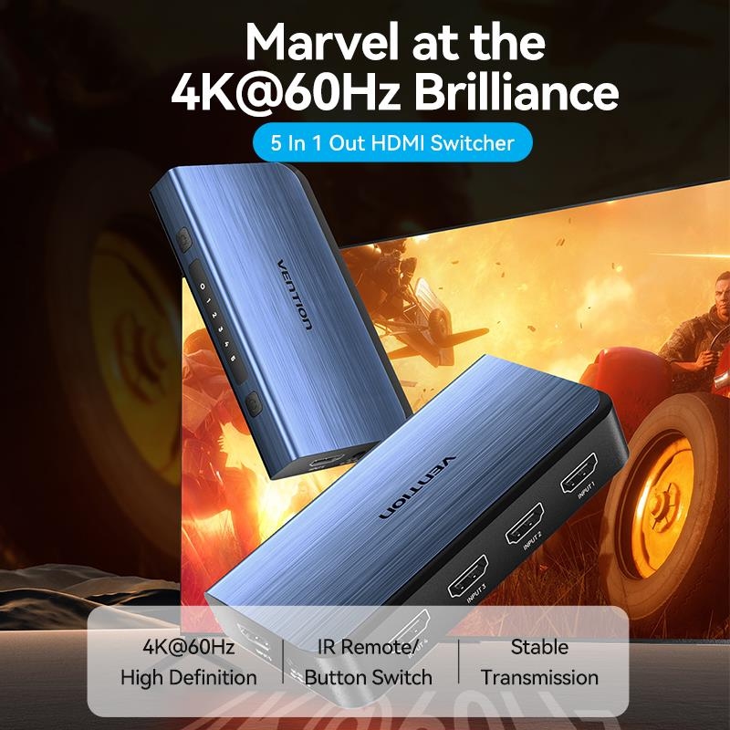 Перемикач HDMI V2.0, 4K 60Гц 1x5 ports, з пультом ДК, голубий, Vention (AKCL0) Синій на малюнкі №10