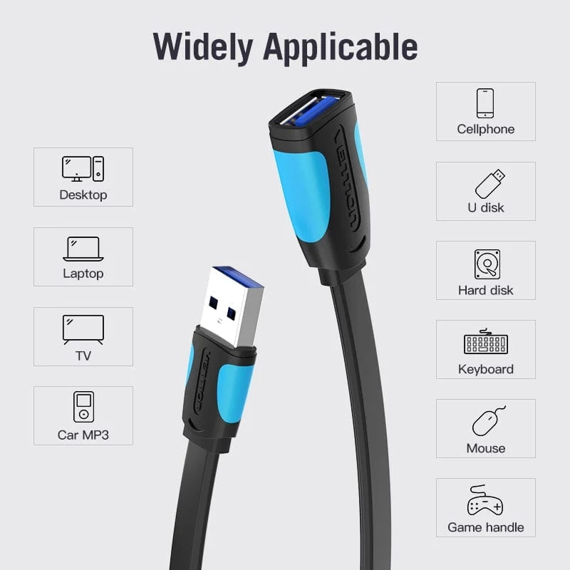 Кабель продовжувач USB 3.0 AM-AF, 1.5м, Flat design, Nickel Plating PVC, Vention (VAS-A13-B150) Чорний на малюнкі №7