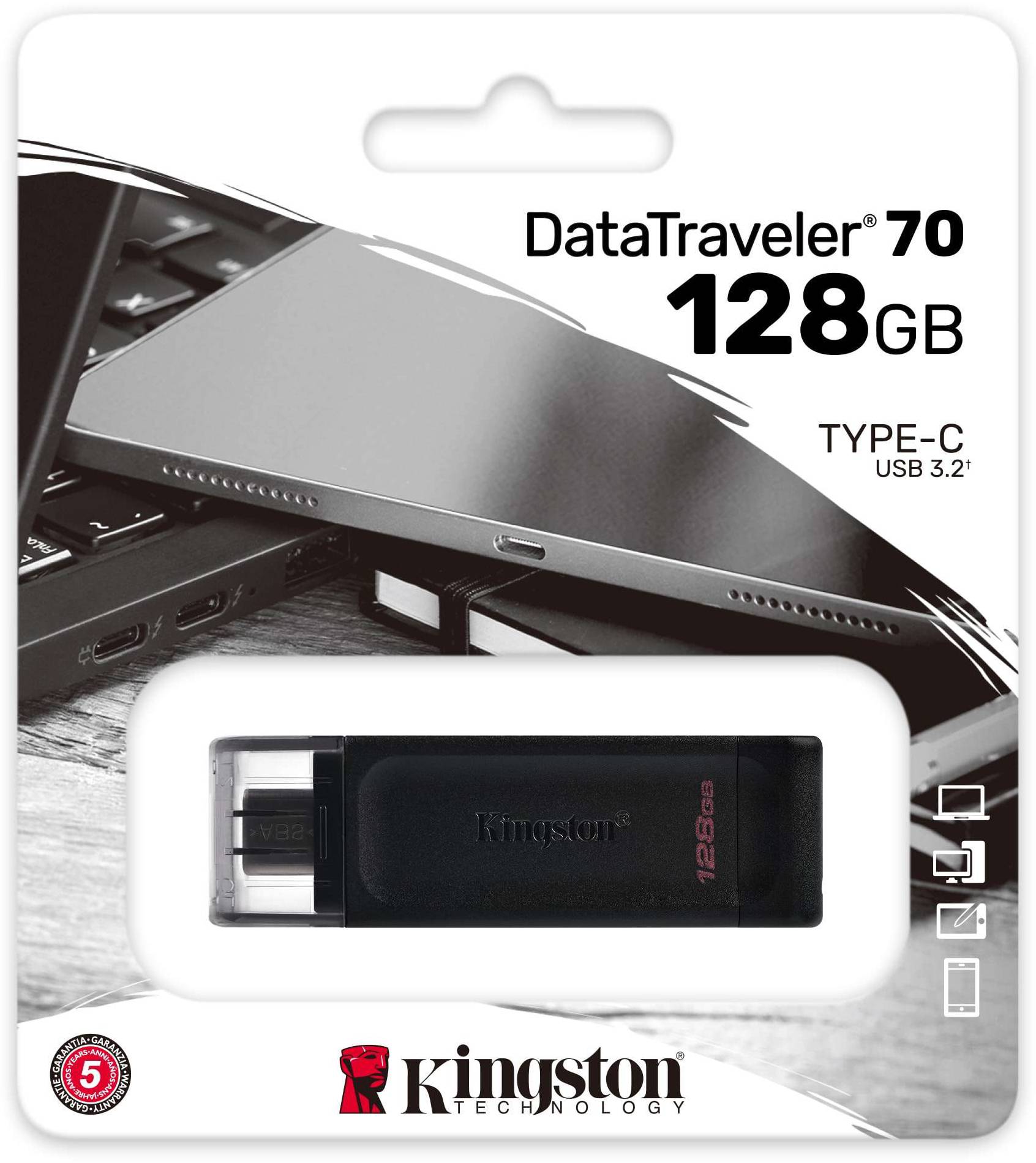 USB Flash Kingston 128GB USB-C 3.2 Gen 1 DataTraveler 70, Retail (DT70/128GB#) Чорний на малюнкі №3