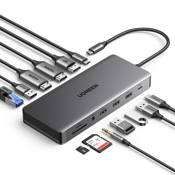 Док-станція USB3.2 Type-C -- HDMIx2,4K60Hz/4xUSB-A/2xUSB-C3.2/DP4K60Hz/RJ45/SD/TF/AUX PD 100W CM681 (15978) на малюнкі №2