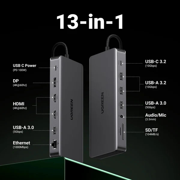 Док-станція USB3.2 Type-C -- HDMIx2,4K60Hz/4xUSB-A/2xUSB-C3.2/DP4K60Hz/RJ45/SD/TF/AUX PD 100W CM681 (15978) на малюнкі №6