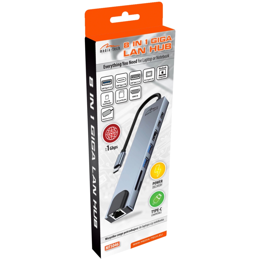 Док-станція USB3.1 Type-C --HDMI 4K60Hz/2xUSB-A/2xType-C/RJ45/SD/TF/PD 100W 8 in 1 Media-Tech (MT5046) на малюнкі №3