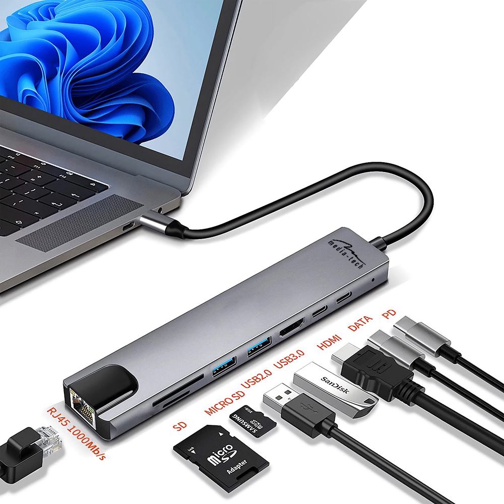 Док-станція USB3.1 Type-C --HDMI 4K60Hz/2xUSB-A/2xType-C/RJ45/SD/TF/PD 100W 8 in 1 Media-Tech (MT5046) на малюнкі №5