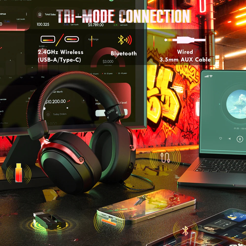 Ігрова гарнітура Attack Shark L30PRO Wireless,2.4GHz/Bluetooth/3.5mm AUX/AUX-to-Type-C,Black and Red (L30PROBR_AS) Чорний/Червоний на малюнкі №3