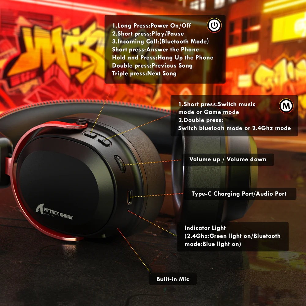 Ігрова гарнітура Attack Shark L30PRO Wireless,2.4GHz/Bluetooth/3.5mm AUX/AUX-to-Type-C,Black and Red (L30PROBR_AS) Чорний/Червоний на малюнкі №7