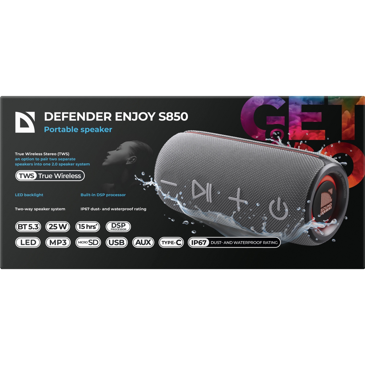 Акустична система 1.0 Defender Enjoy S850 25Вт RGB/BT/TF/TWS/DSP/IP67 чорна (65851) на малюнкі №8