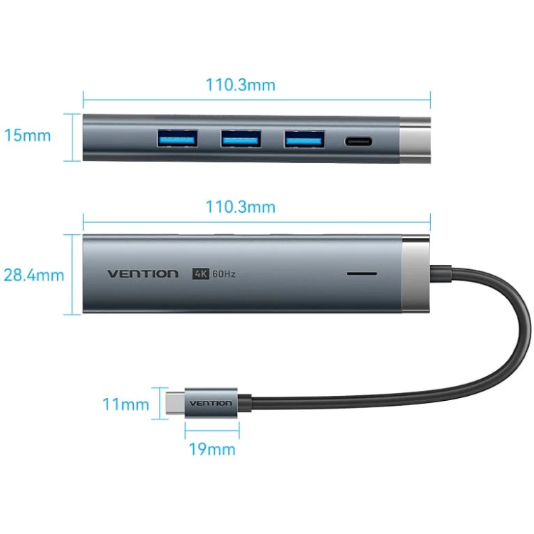 Док-станція USB3.2 Type-C -- HDMI 4K60Hz/3xUSB-A 3.0/ USB-C3.0, PD 100W 5-in-1 Vention (TGMHB) на малюнкі №2