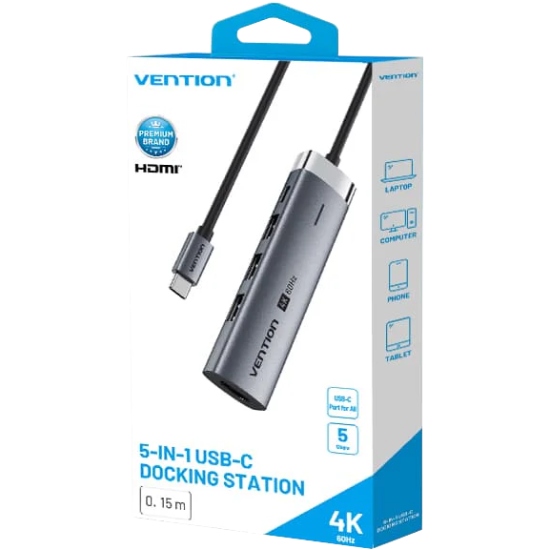 Док-станція USB3.2 Type-C -- HDMI 4K60Hz/3xUSB-A 3.0/ USB-C3.0, PD 100W 5-in-1 Vention (TGMHB) на малюнкі №3