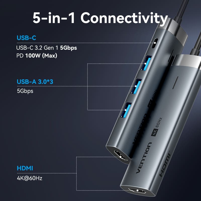 Док-станція USB3.2 Type-C -- HDMI 4K60Hz/3xUSB-A 3.0/ USB-C3.0, PD 100W 5-in-1 Vention (TGMHB) на малюнкі №4