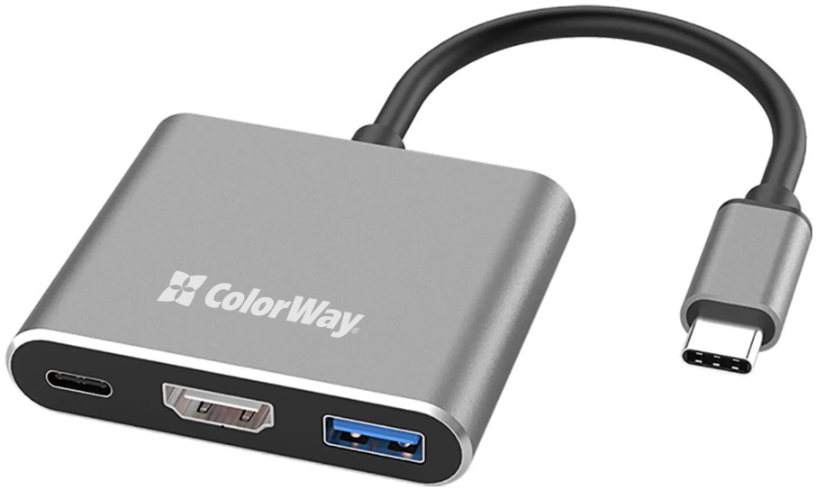 USB хаб (док-станція) СolorWay USB-C 3-в-1 Type C PD 100W/USB3.0/HDMI 4К (CW-HUB08) на малюнкі №1