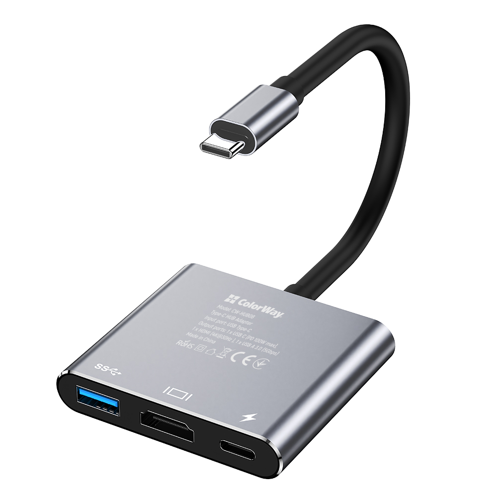 USB хаб (док-станція) СolorWay USB-C 3-в-1 Type C PD 100W/USB3.0/HDMI 4К (CW-HUB08) на малюнкі №2