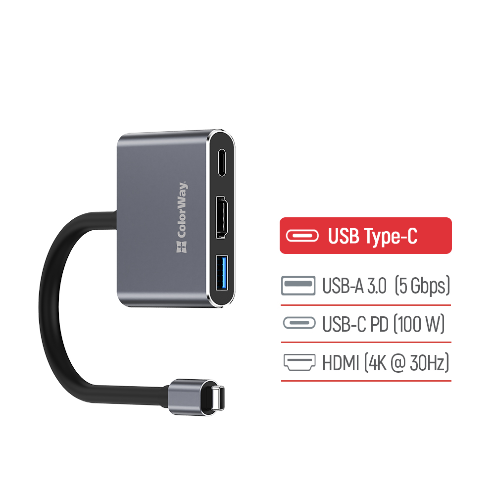 USB хаб (док-станція) СolorWay USB-C 3-в-1 Type C PD 100W/USB3.0/HDMI 4К (CW-HUB08) на малюнкі №4