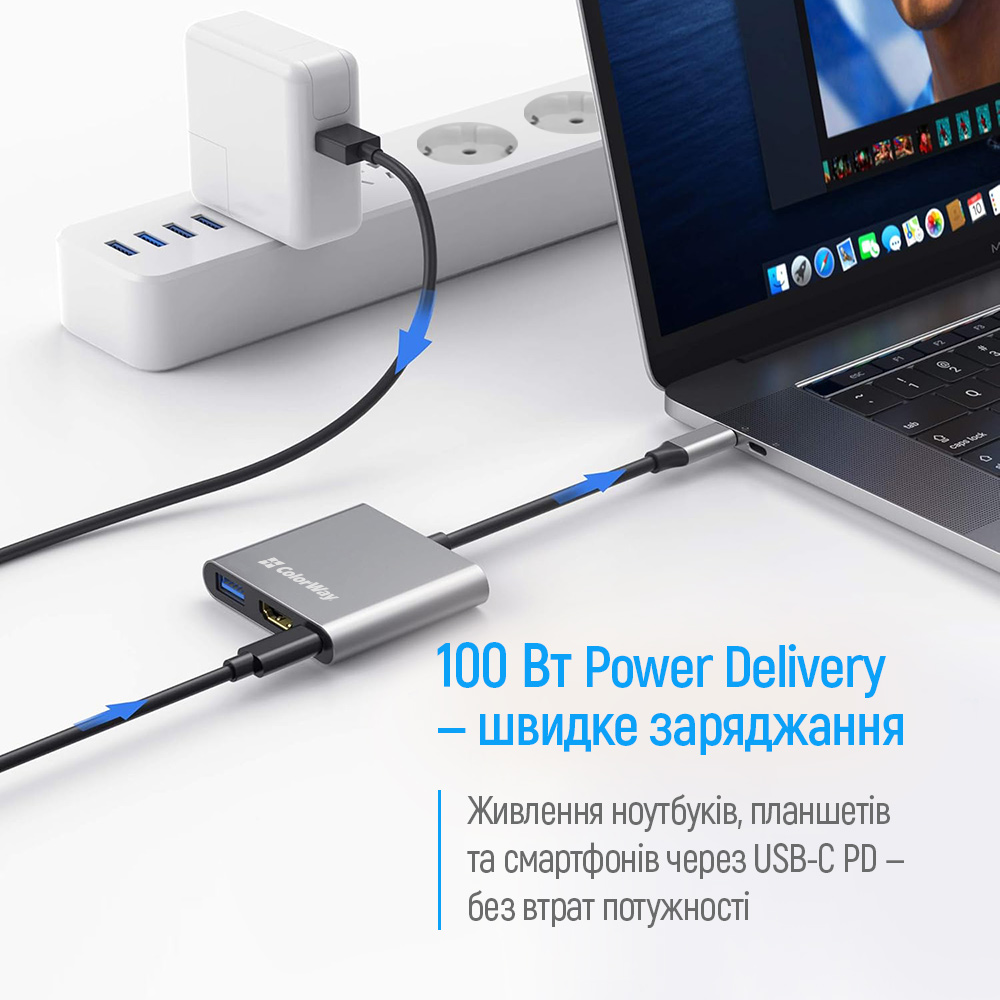 USB хаб (док-станція) СolorWay USB-C 3-в-1 Type C PD 100W/USB3.0/HDMI 4К (CW-HUB08) на малюнкі №5