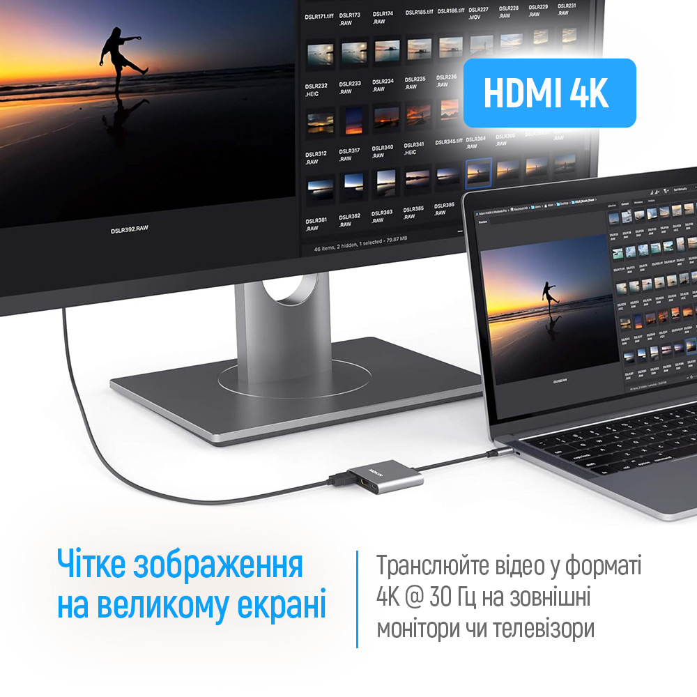 USB хаб (док-станція) СolorWay USB-C 3-в-1 Type C PD 100W/USB3.0/HDMI 4К (CW-HUB08) на малюнкі №6