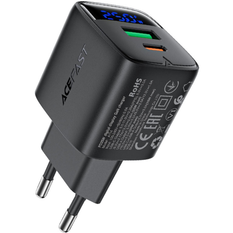 Зарядний пристрій 2xUSB 25W (USB-C+USB-A) with digital display Gan A114 Black Acefast (6974316284437) на малюнкі №1