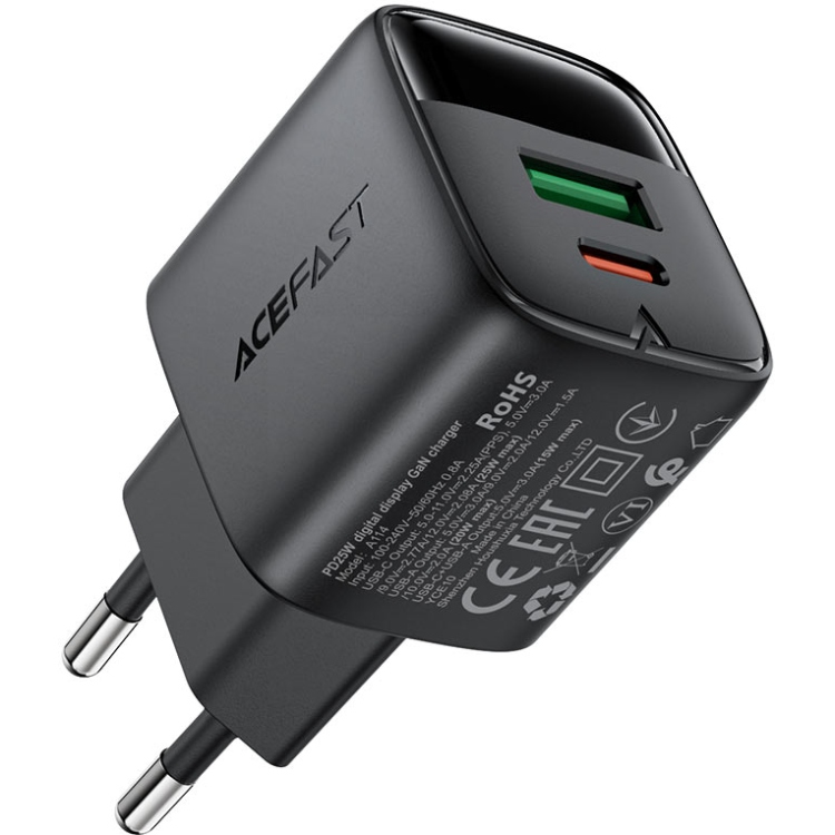 Зарядний пристрій 2xUSB 25W (USB-C+USB-A) with digital display Gan A114 Black Acefast (6974316284437) на малюнкі №2