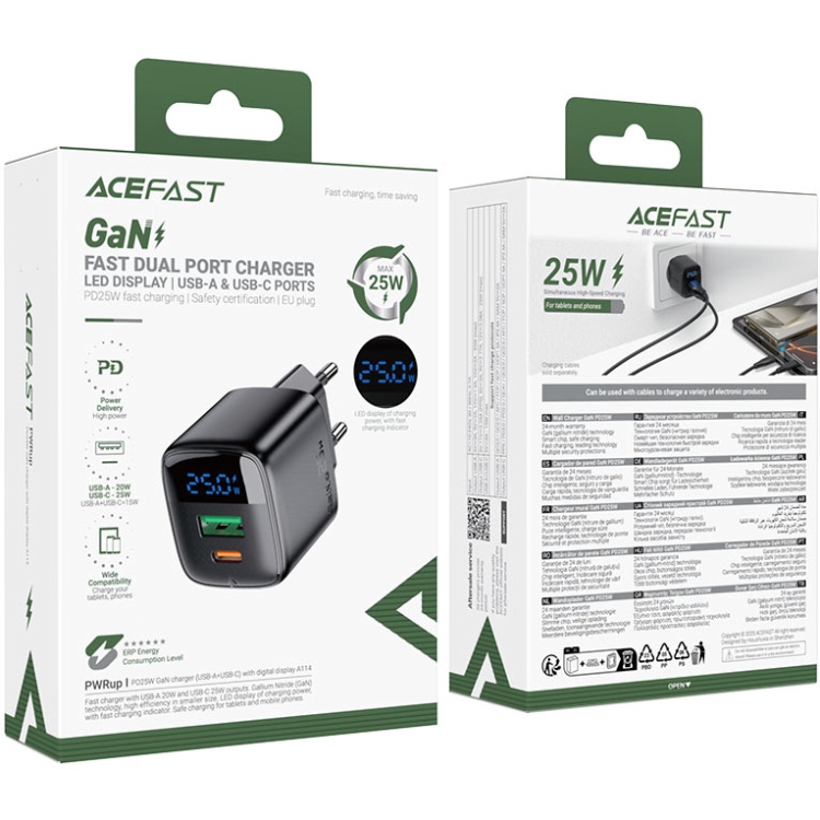 Зарядний пристрій 2xUSB 25W (USB-C+USB-A) with digital display Gan A114 Black Acefast (6974316284437) на малюнкі №5