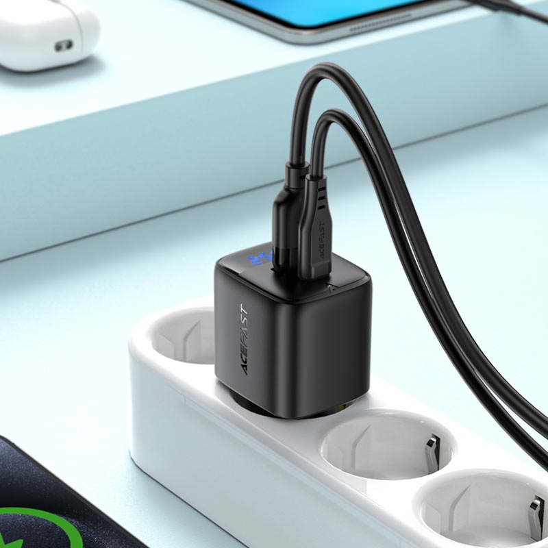 Зарядний пристрій 2xUSB 25W (USB-C+USB-A) with digital display Gan A114 Black Acefast (6974316284437) на малюнкі №6