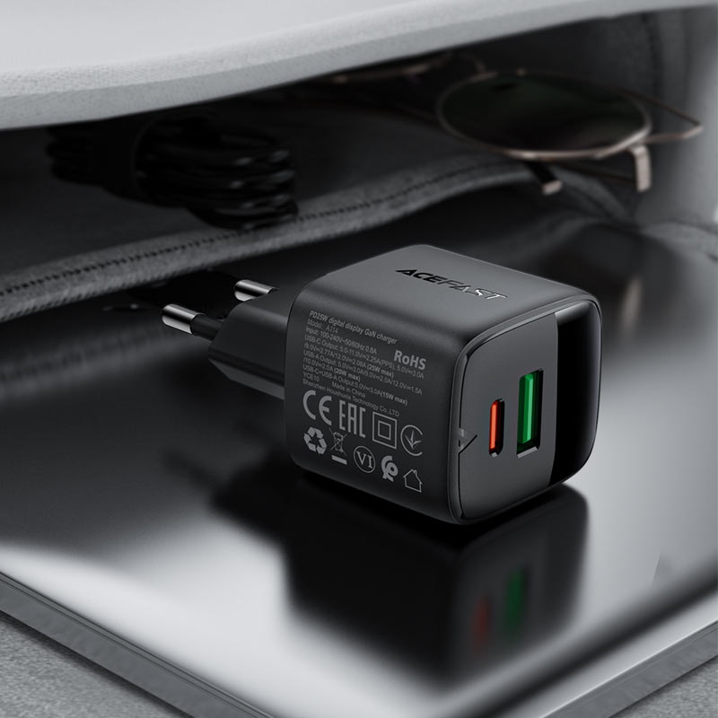 Зарядний пристрій 2xUSB 25W (USB-C+USB-A) with digital display Gan A114 Black Acefast (6974316284437) на малюнкі №7