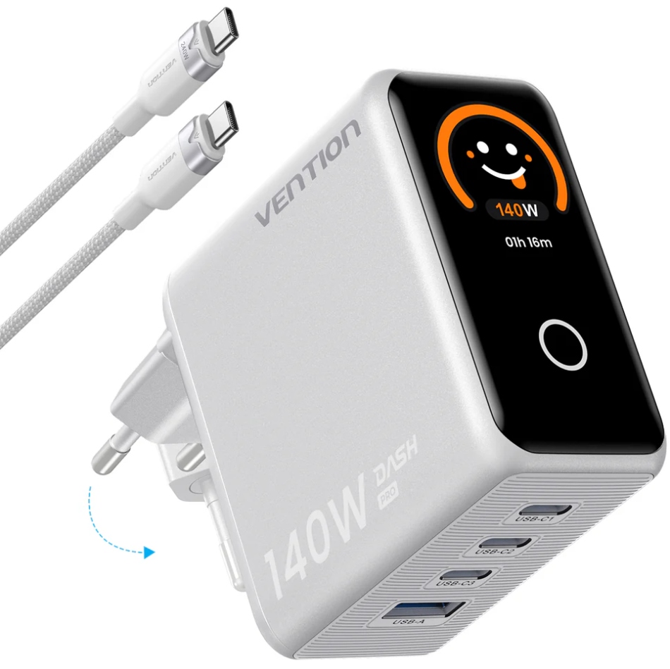 Зарядний пристрій 4xUSB 140W GaN (3хUSB-C+USB-A) + USB-C cable М-М White Vention (TZ-FCOI0-EU) на малюнкі №1