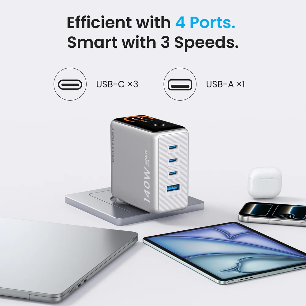 Зарядний пристрій 4xUSB 140W GaN (3хUSB-C+USB-A) + USB-C cable М-М White Vention (TZ-FCOI0-EU) на малюнкі №2