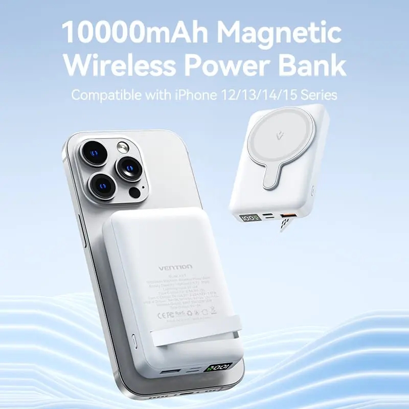 УМБ Vention Magnetic Wireless 10000mAh 22.5W PD,QC 3.0,USB-C,Lightning,USB-A,LED Display White (FHTW0) на малюнкі №4