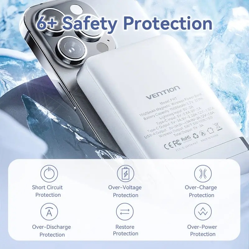 УМБ Vention Magnetic Wireless 10000mAh 22.5W PD,QC 3.0,USB-C,Lightning,USB-A,LED Display White (FHTW0) на малюнкі №10
