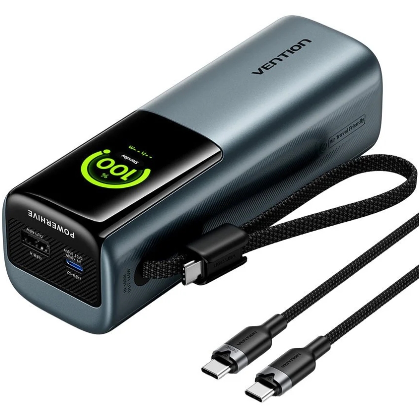 УМБ Vention 27000mAh 200W PD3.1, USB-A, USB-C In/Out, with Built-in USB-C Cable, TFT Display, Gray (FKGH0) на малюнкі №1