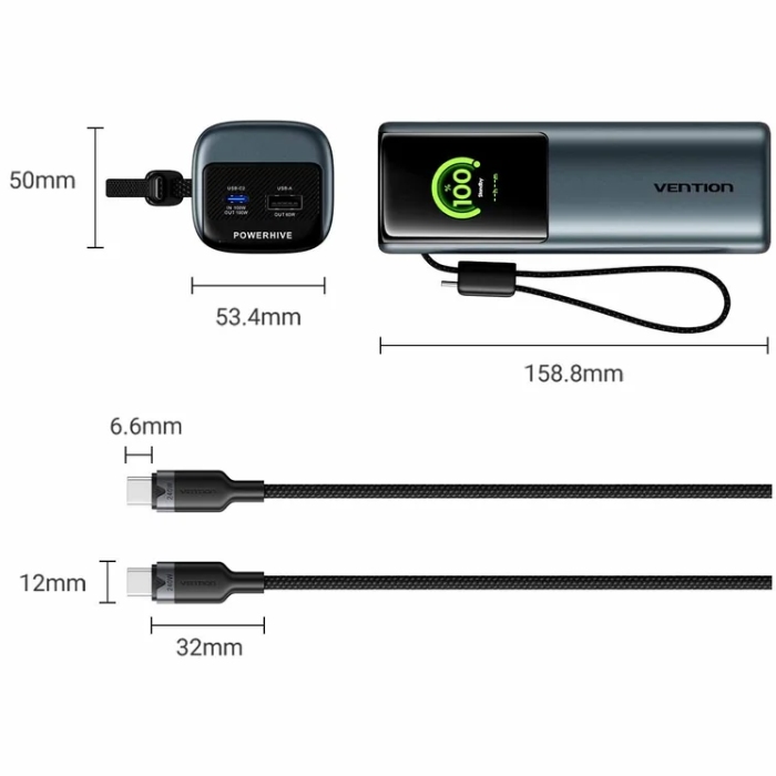 УМБ Vention 27000mAh 200W PD3.1, USB-A, USB-C In/Out, with Built-in USB-C Cable, TFT Display, Gray (FKGH0) на малюнкі №2