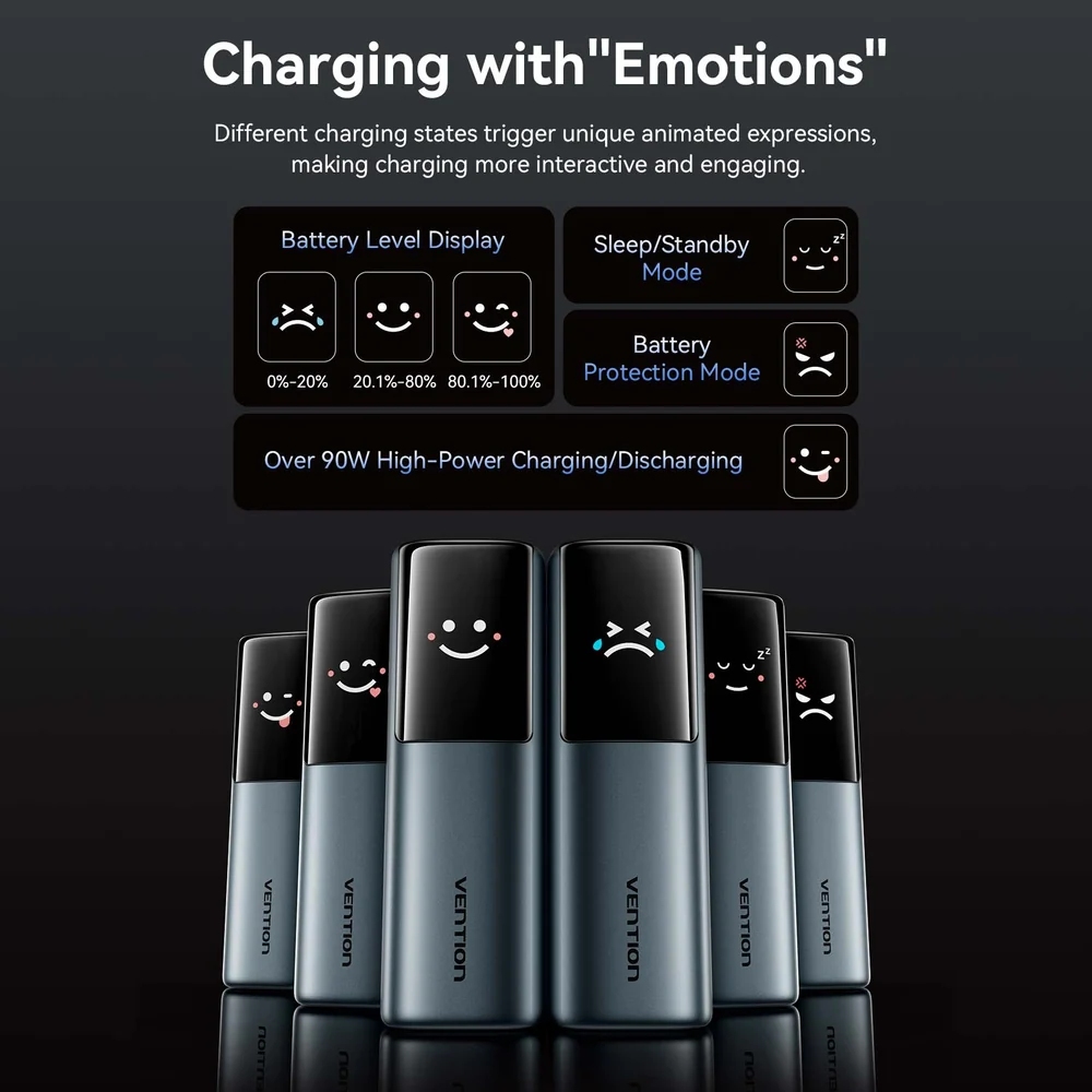 УМБ Vention 27000mAh 200W PD3.1, USB-A, USB-C In/Out, with Built-in USB-C Cable, TFT Display, Gray (FKGH0) на малюнкі №7