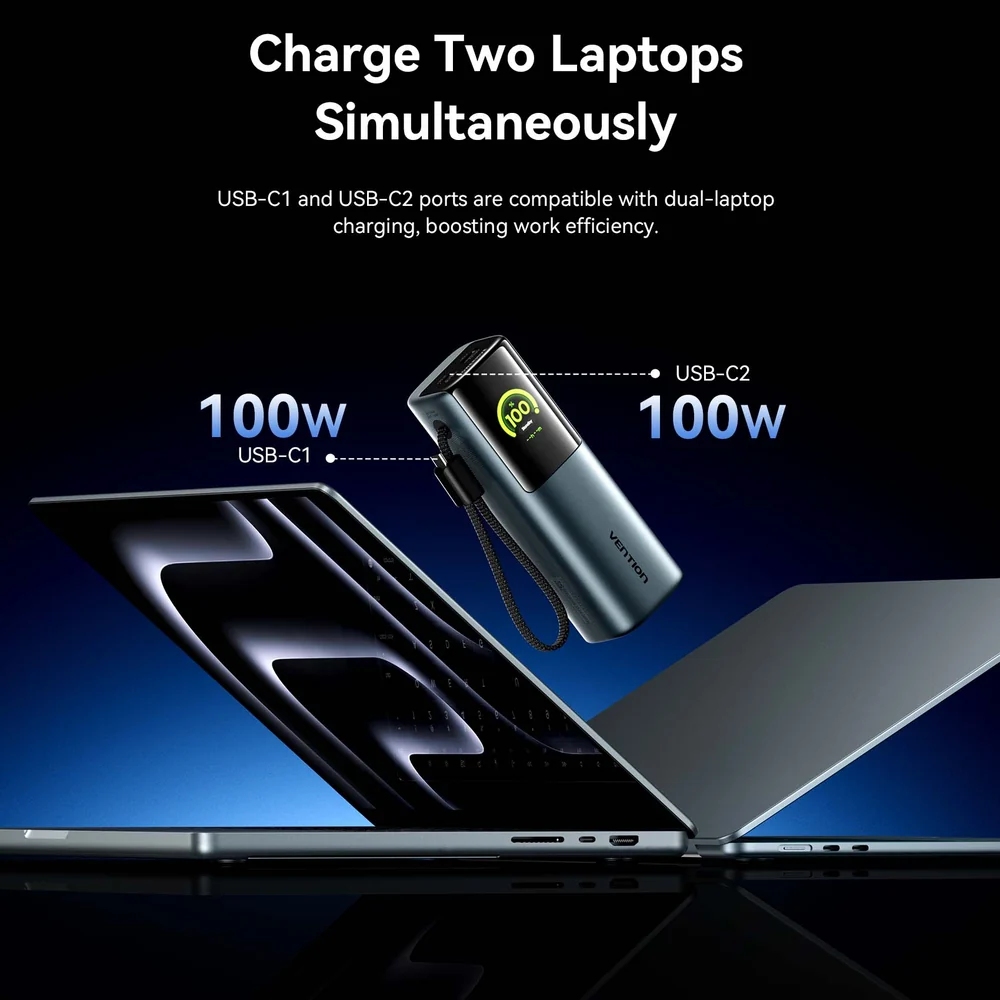 УМБ Vention 27000mAh 200W PD3.1, USB-A, USB-C In/Out, with Built-in USB-C Cable, TFT Display, Gray (FKGH0) на малюнкі №8