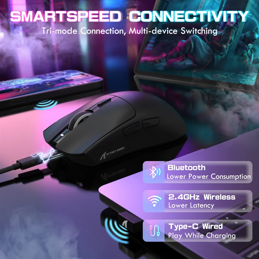 Мишка Attack Shark X1, Wireless/Bluetooth, 40000dpi. (PAW3395PRO), 6кн, Black (X1B_AS) Чорний на малюнкі №8