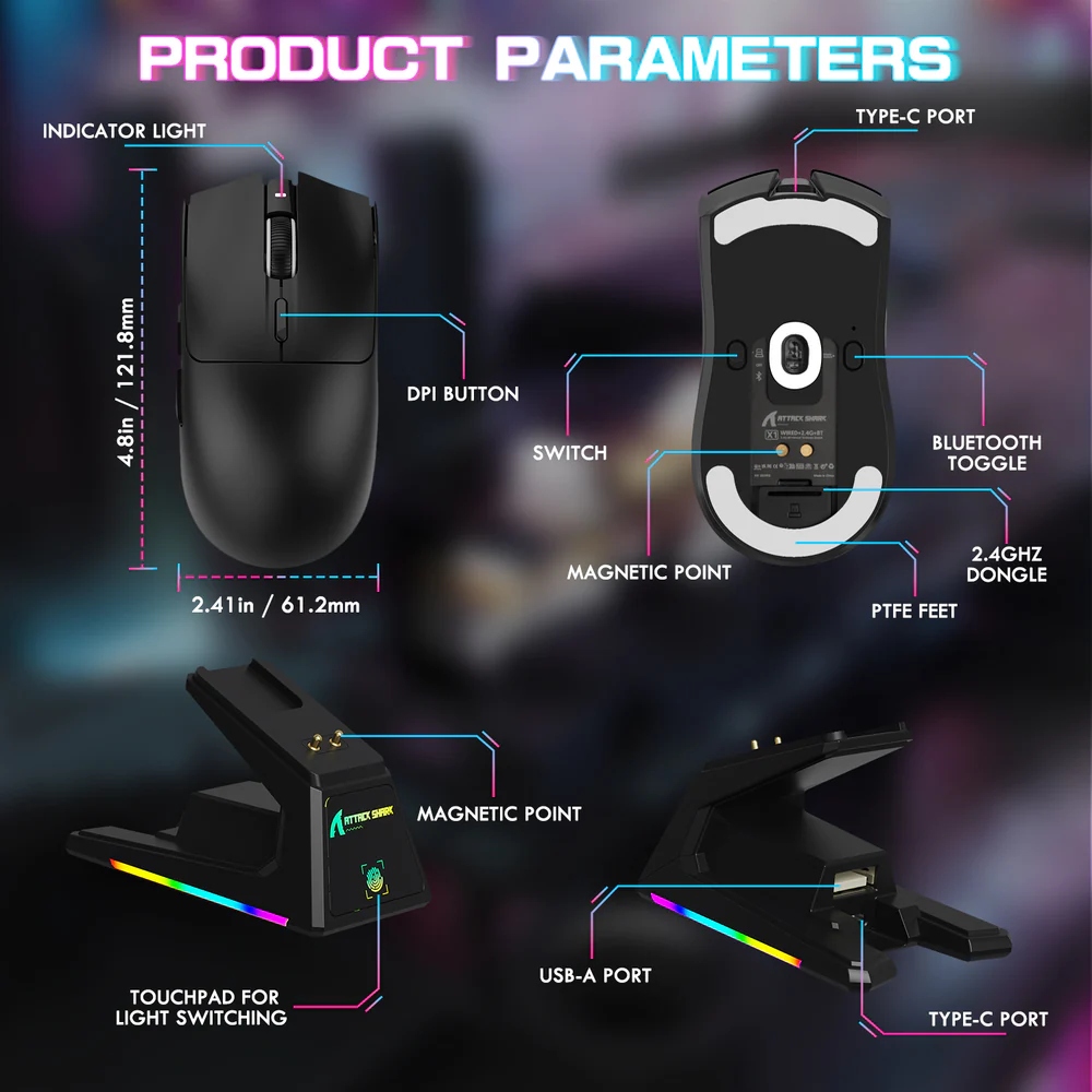Мишка Attack Shark X1, Wireless/Bluetooth, 40000dpi. (PAW3395PRO), 6кн, Black (X1B_AS) Чорний на малюнкі №10